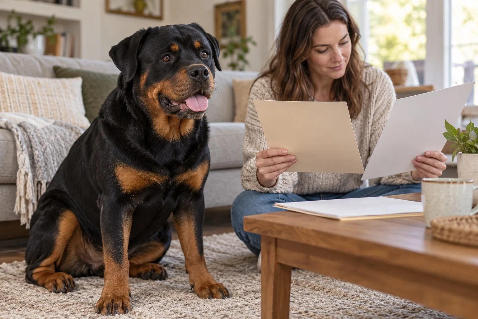 Large black-and-tan dog sitting beside an owner reading papers